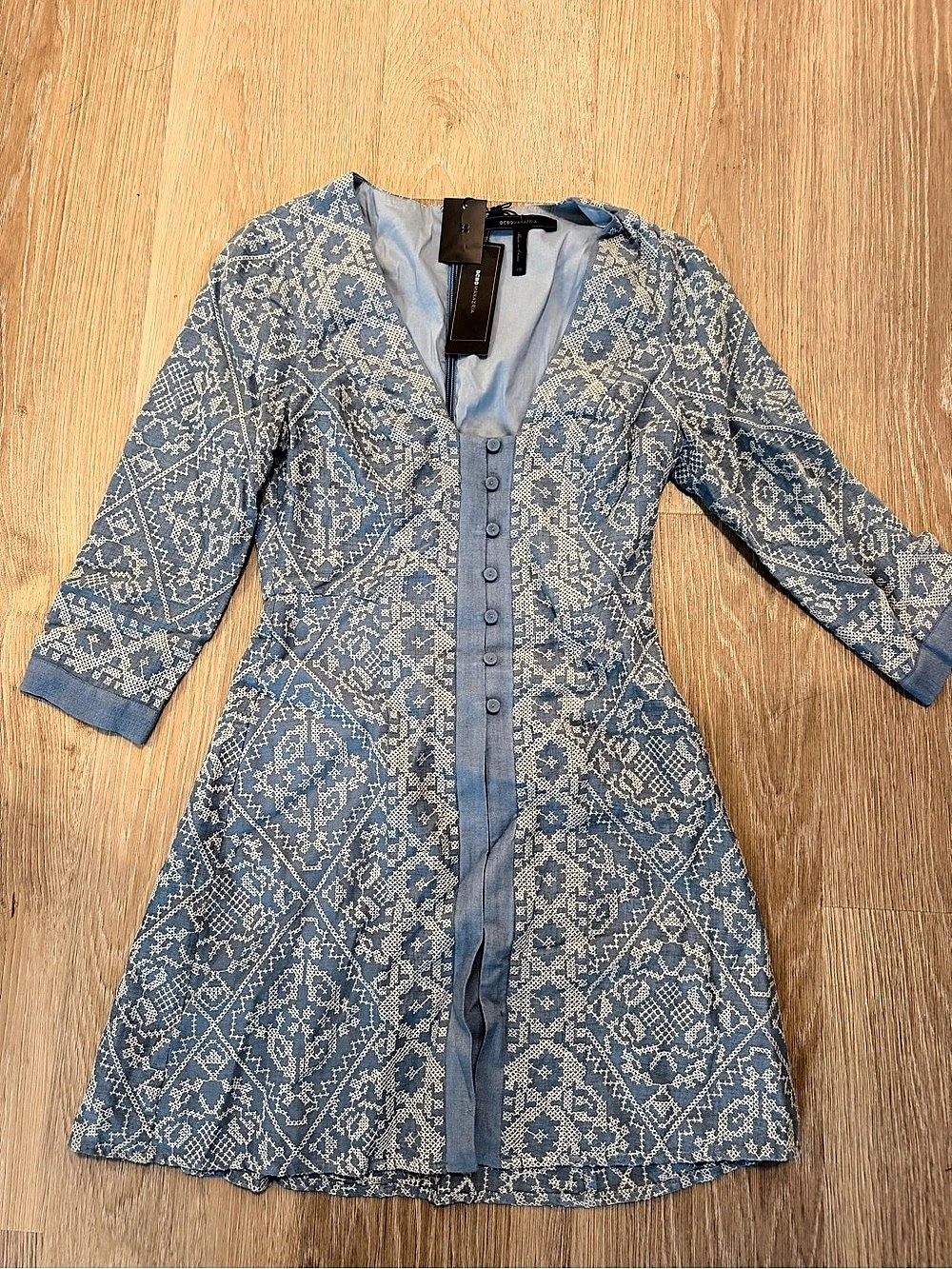 BCBGMAXAZRIA Jayde Embroidered Chambray Dress Mini Dress
